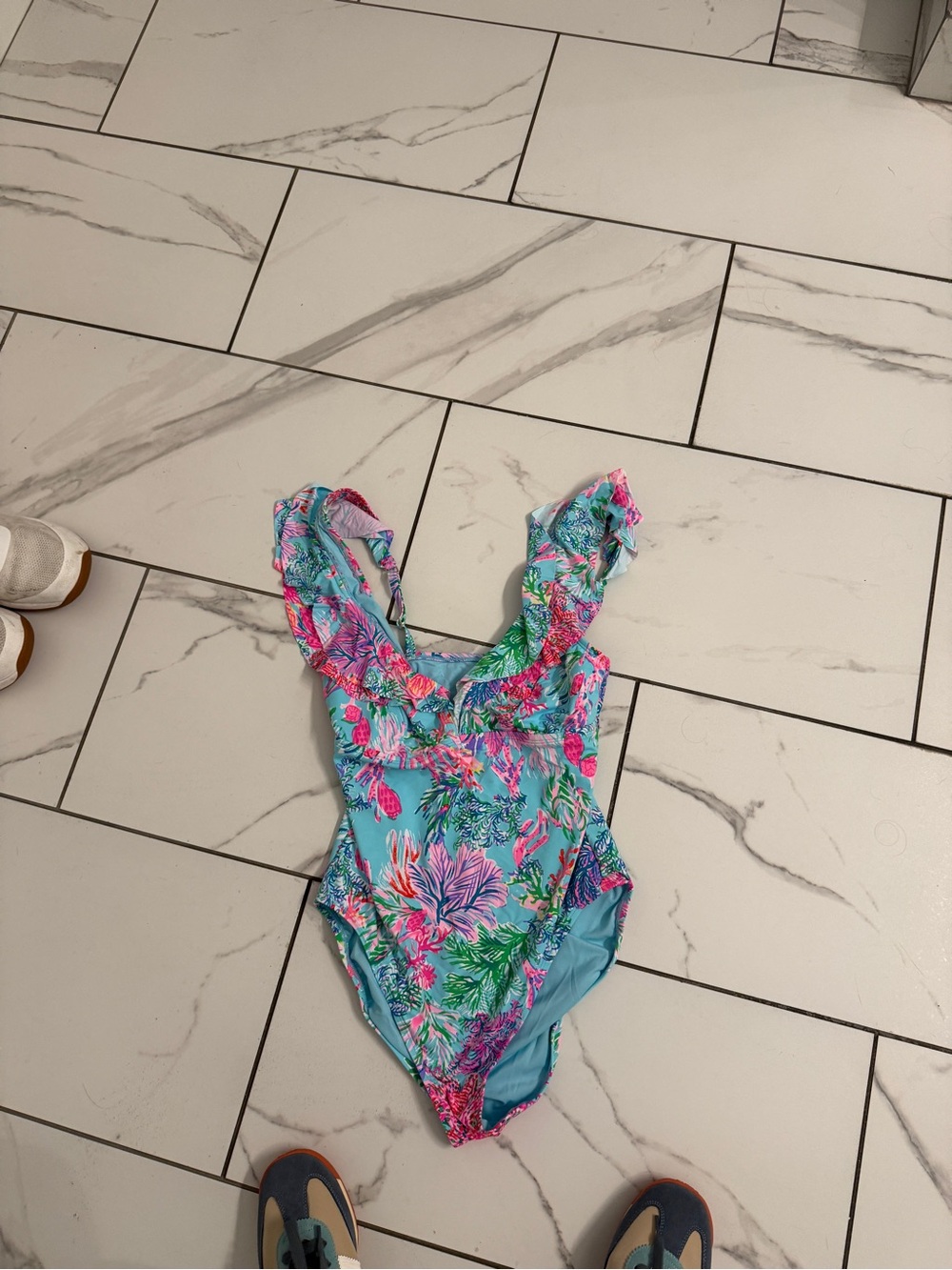 Lilly Pulitzer Blue Tropical Floral Ruffle One-Piece Swimsuit